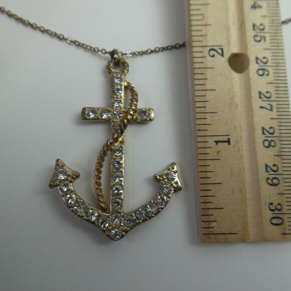 Anchor Rhinestone Sparkly Nautical Marine Gold Tone Pendant Chain Necklace 26" - Picture 6 of 10